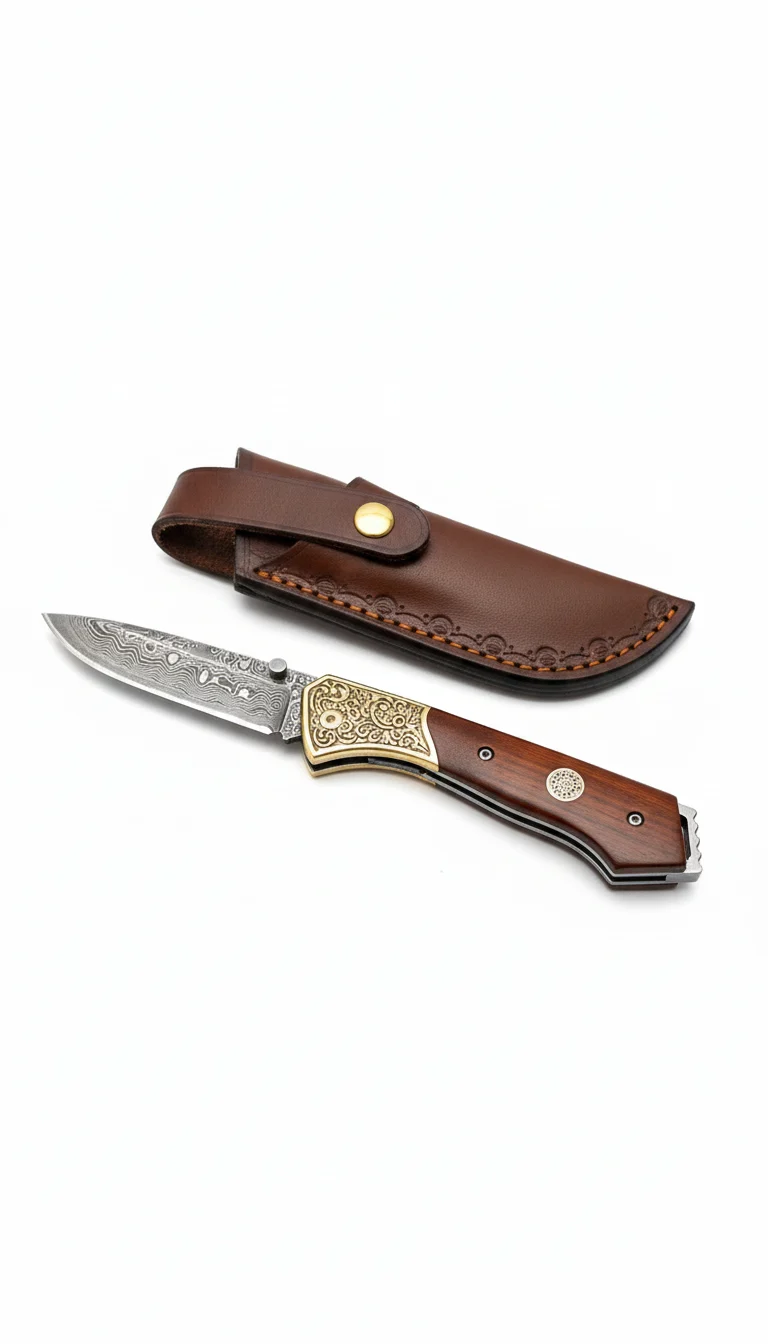 Сгъваем нож Damask Mahogany Duke, VG10 Damascus с кожена кания Damask pocket knives
