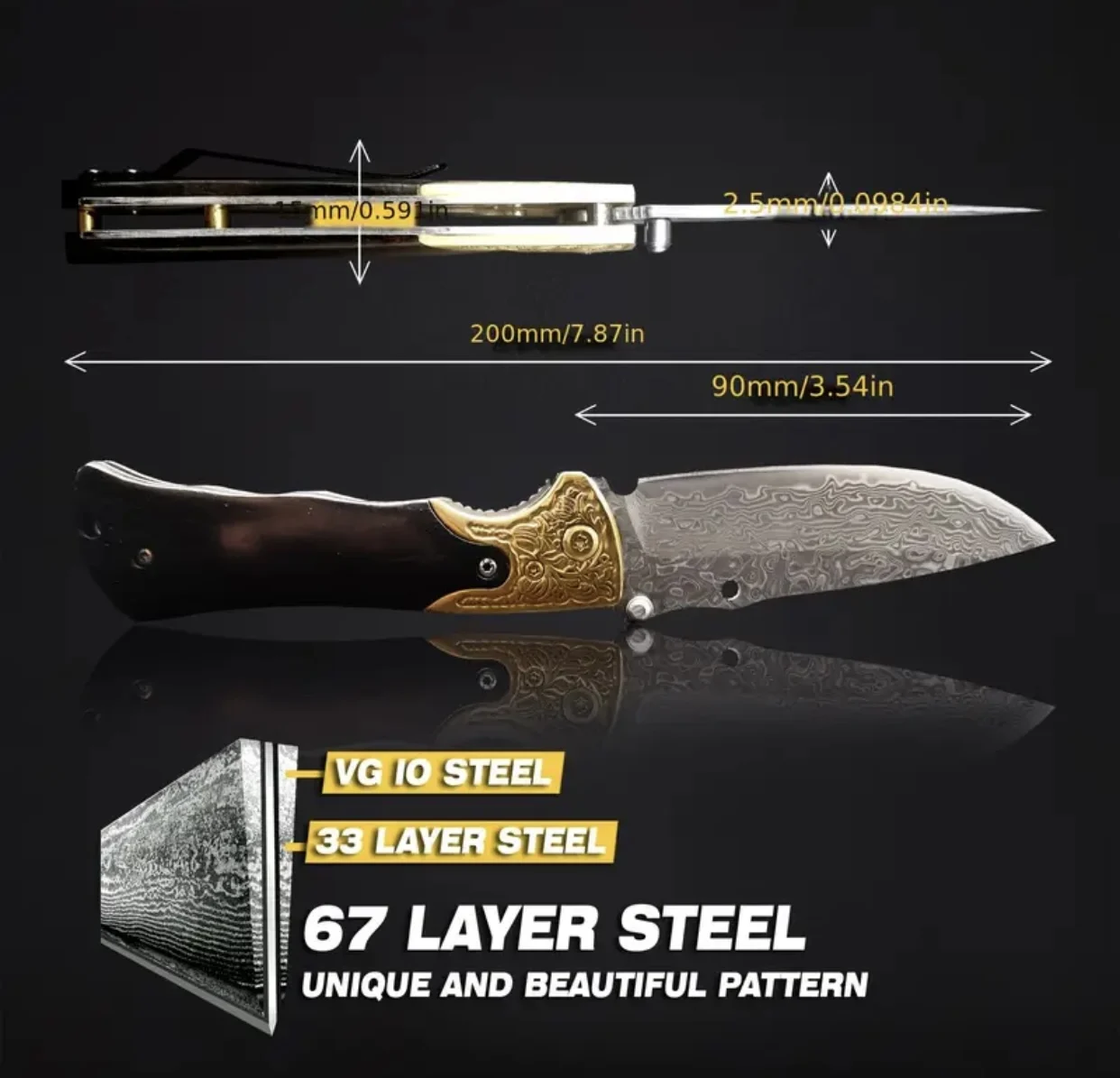Джобен нож Damask, ръчно кован, дамаска стомана, 67 слоя, VG10 ядро Damask pocket knives