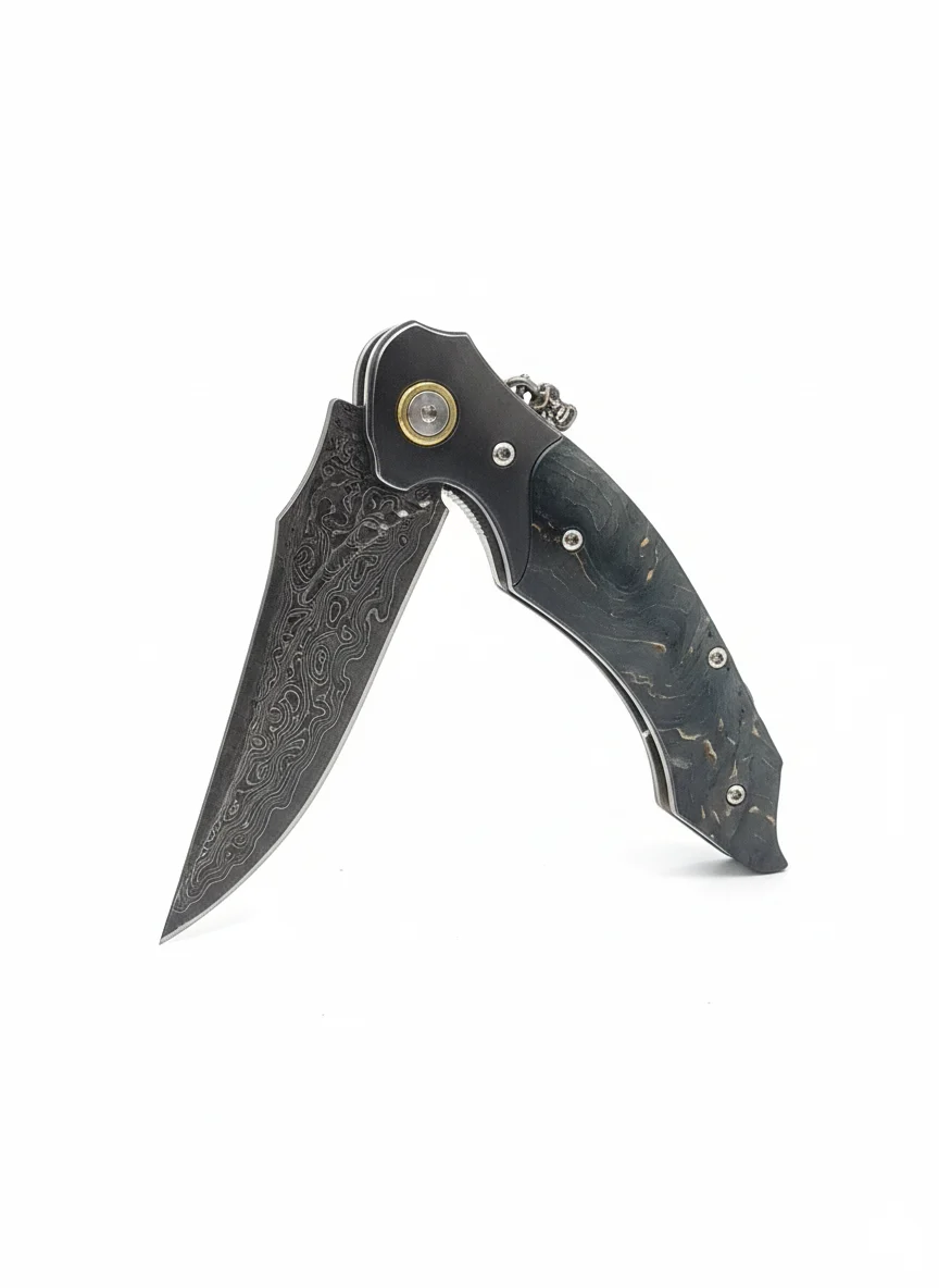 Сгъваем нож MEIJI Falcon Edge, дамаска стомана и стабилизирано дърво дамаска стомана и стабилизирано дърво