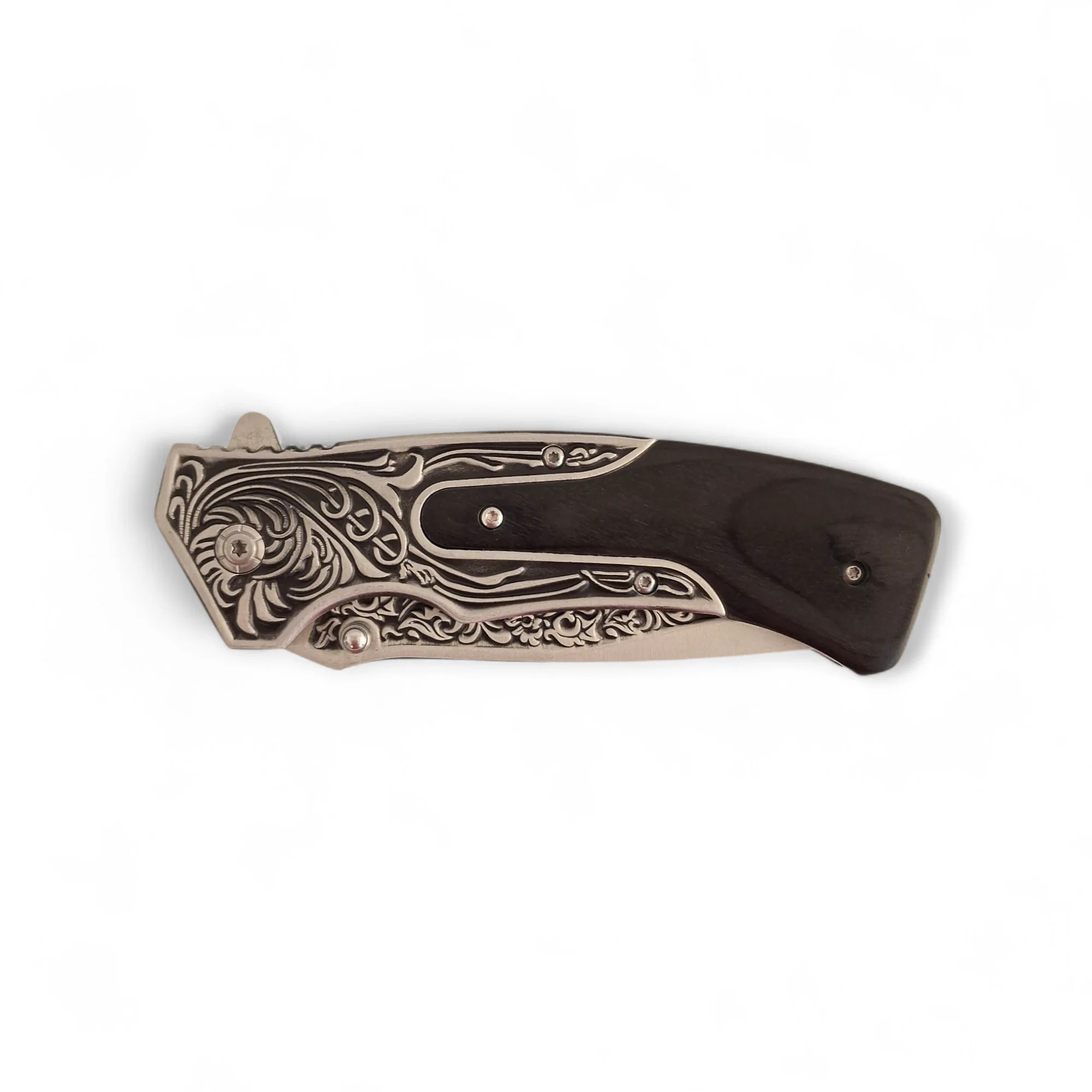 Сгъваем нож Ornate Shadow, гравиран метал и тъмна дървесина Сгъваем нож Ornate Shadow, гравиран метал и тъмна дървесина - Image 4